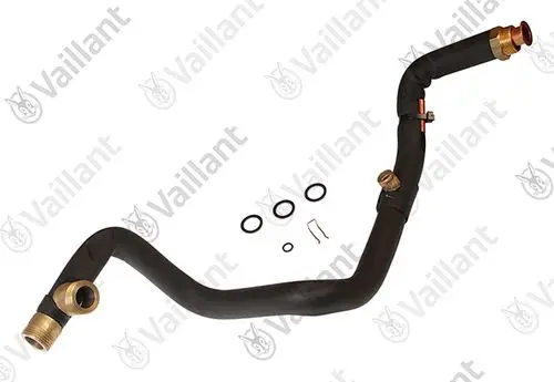 Vaillant Rohr mit mehreren Anschlüssen und Dichtungen, geformt für den Anschluss in Heizsystemen. Sichtbare Metall- und Gummikomponenten.